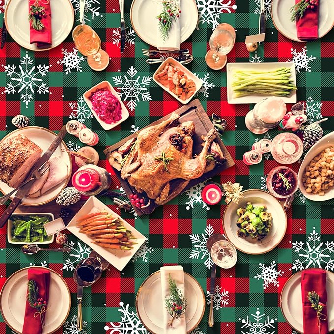 12Pcs Christmas Buffalo Plaid Snowflake Party Tablecloths Decorations,Plastic Red and Green Checkered Rectangle Table Cover for Winter Christmas New Year Birthday Holiday Party Decorations,54x108 inch