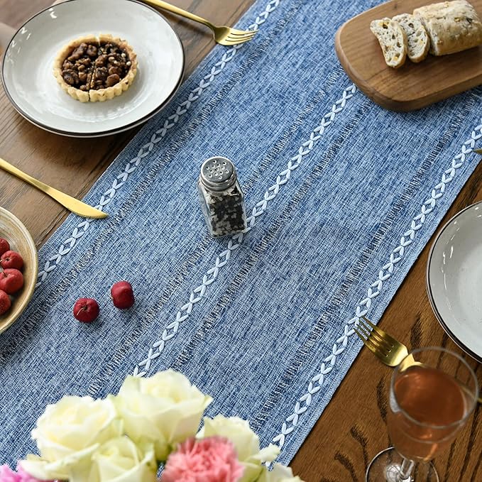 Artoid Mode Blue Rustic Cotton Linen Table Runner, Seasonal Embroidered Hollow Kitchen Dining Table Decoration for Home Party Decor 13x72 Inch