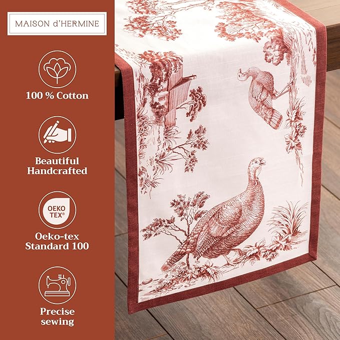 Maison d' Hermine Table Runner 100% Cotton Single Layer Table Runners 48 inches Long for Thanksgiving Christmas Decorations Home Kitchen Dining Party Wedding (Holy Jouy - Brown, 14.5" x 48")
