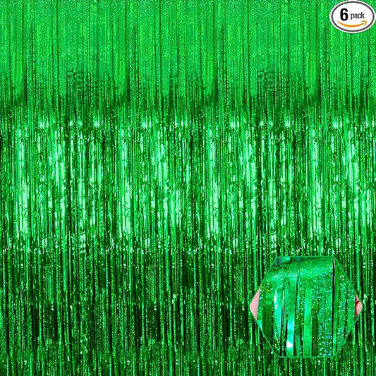 6 Pack Green Foil Fringe Curtain Backdrop, 3.28Ft x 8.2Ft Metallic Tinsel Foil Fringe Streamer Curtains for Photo Booth, Birthday, Wedding, New Year Party Decorations
