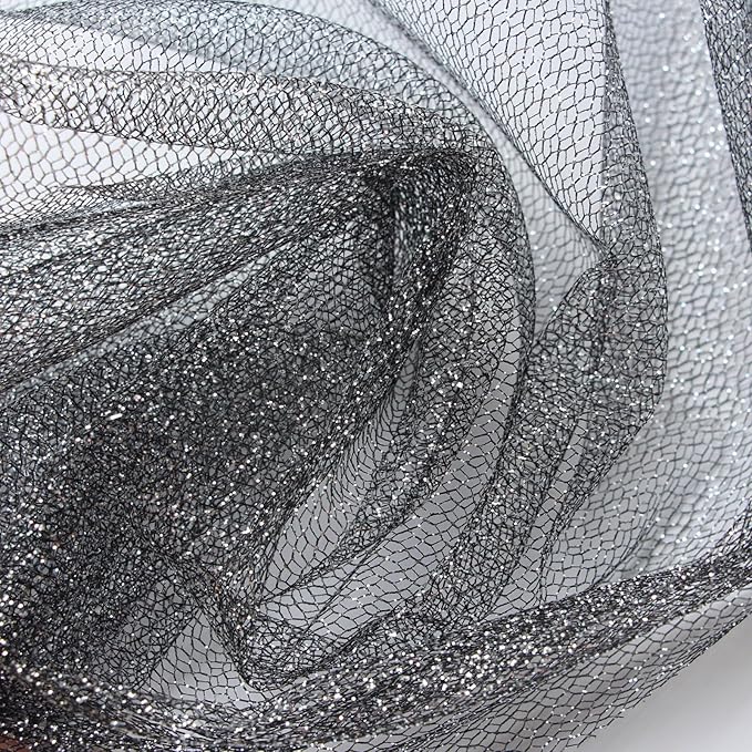Glitter Tulle Fabric 56 Inch by 5.5 Yards Fabric Tulle Bolt for Wedding Christmas Decorations DIY White Tutu Baby Shower Table Skirt Ceiling Decor Birthday Party Craft Supplies-Black