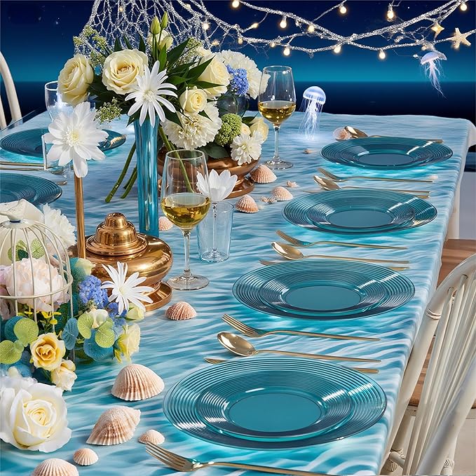 FLOWERCAT 100PCS Clear Blue Plastic Plates - Heavy Duty Plastic Plates Disposable -Straw hat plate for Summer party &Wedding - Serve for 50Guests party(10inch & 7inch)(Mediterranean Blue)