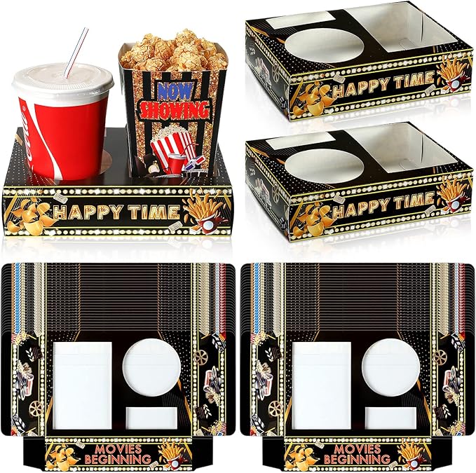 Faccito 36 Pcs Movie Night Snack Trays Movie Theater Snack Boxes Night Supply Disposable Paper Holder Tray for Popcorn Food Candy Drink Party 8 x 6 Inch(Black Gold,Cute Style)