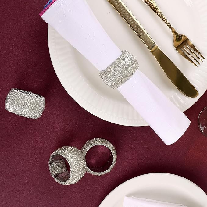 12 Pcs Beaded Napkin Rings - Rhinestone Napkin Buckles Glossy Napkin Bling Round Holders for Easter Holiday Wedding Banquet Home Party Dining Table Decoration (Silver) - CLEENTABLE