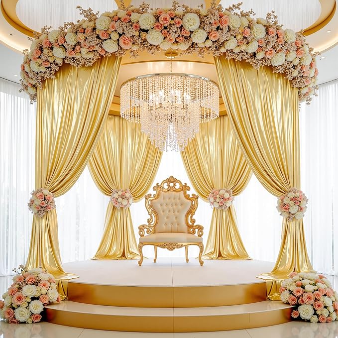 PartyVillage 50x14FT Gold Sequin Backdrop Curtain -10 Panels 5x14FT Wrinkle Free Shimmer Back Drop Cloth, Glitter Backdrop Drapes for Photography, Birthday, Wedding, Graduation Background