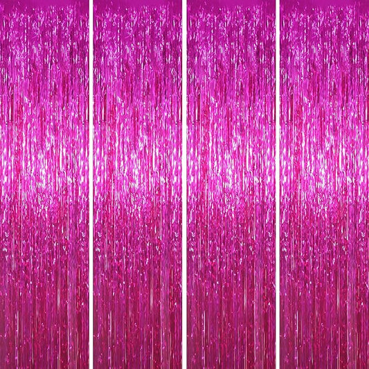 4 Pack Pink Foil Fringe Backdrop Curtains, Tinsel Streamers Birthday Party Decorations, Fringe Backdrop for Graduation, Baby Shower, Gender Reveal, Disco Party