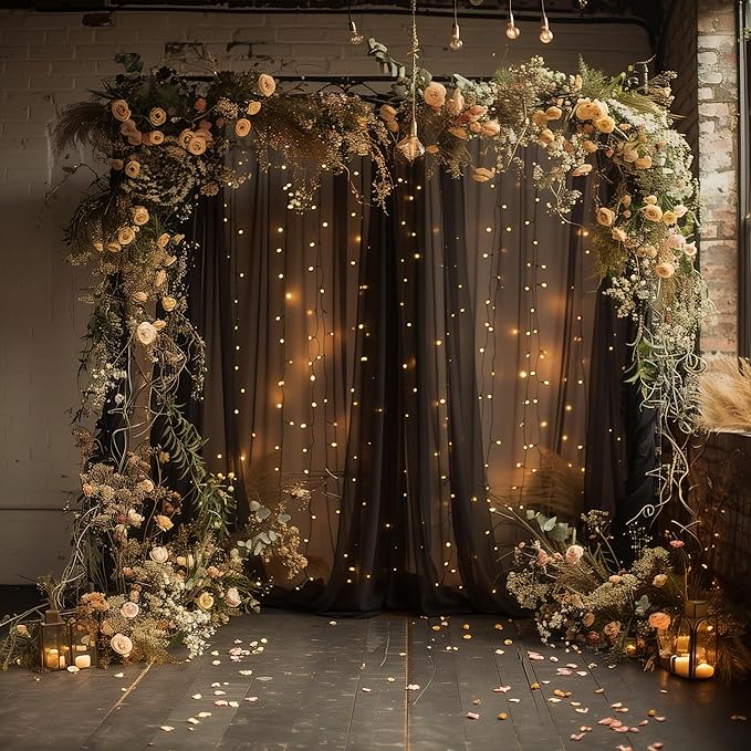 Fomcet Black Tulle Backdrop Curtains with Lights String 10FT X 10FT Sheer Curtains with Lights Tulle Curtain Backdrop for Wedding Birthday Party Photo Shoot (2 Panels 5x10FT)