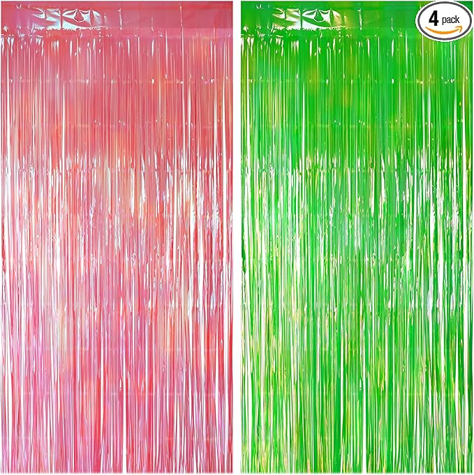 4 Pack Pink & Green Party Streamers Backdrop Curtains, 3.3x8.2ft Holographic Tinsel Foil Curtain Photo Booth Props for Birthday, Wedding, Holiday Celebration, Bachelorette, Theme Decorations