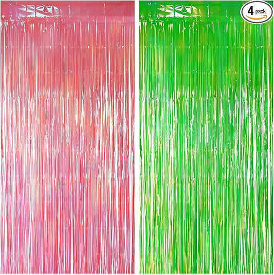 4 Pack Pink & Green Party Streamers Backdrop Curtains, 3.3x8.2ft Holographic Tinsel Foil Curtain Photo Booth Props for Birthday, Wedding, Holiday Celebration, Bachelorette, Theme Decorations