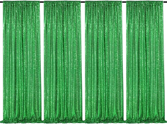 Green Sequin Backdrop 4 Panels 2FTx8FT Wedding Photo Backdrop Glitter Birthday Party Decorations Sparkle Background Drapes