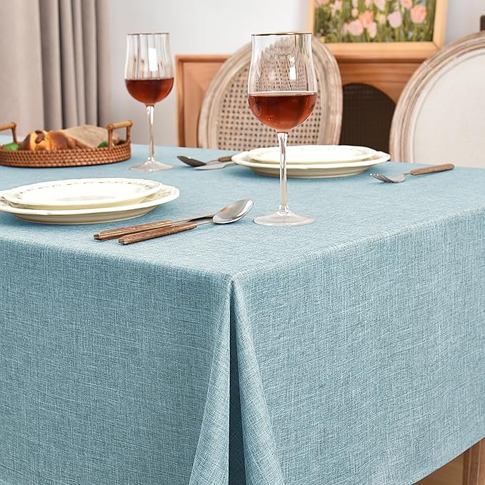 Fitable Faux Linen Tablecloths Rectangle 60 x 120 Inch - 2 Pack Waterproof Table Clothes for 8 Foot Tables, Turquoise Flax Look Kitchen Table Covers for Farmhouse, Dining, Party, Banquet, Buffet