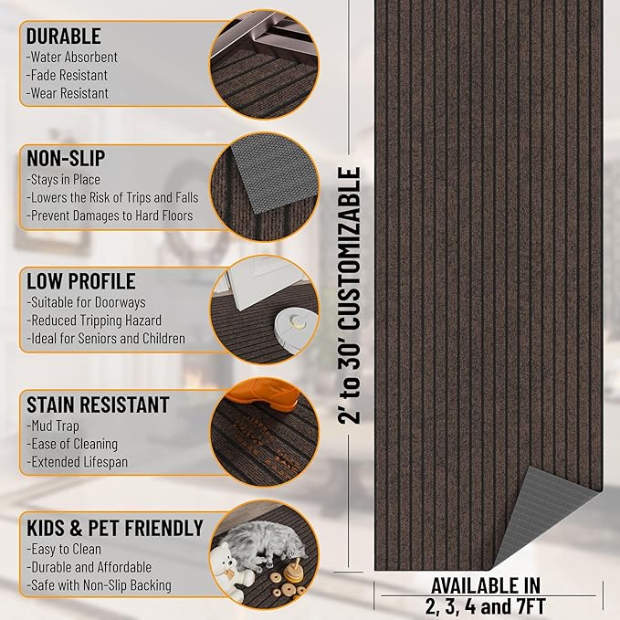 Ottomanson 2'7" x 20' Hallway Runner with Scraper Pile - Extra Durable Non-Slip Rug Mat for Indoor & Outdoor Use - Ideal for Kitchen, Entryway & Garage - High-Traffic Carpet, Brown