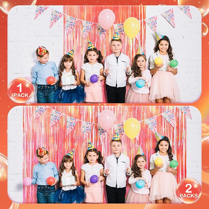 2 Pack Orange Party Streamers Backdrop Curtains, 3.3x8.2ft Holographic Tinsel Foil Curtain Photo Booth Props for Birthday, Wedding, Holiday Celebration, Bachelorette, Theme Decorations
