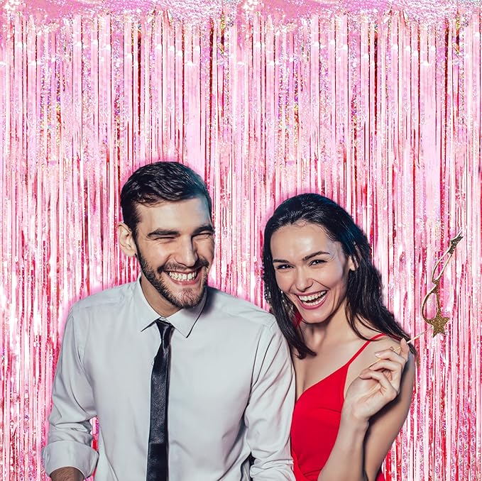 3 Pack 3.3x8.2 Feet Laser Pink Foil Fringe Backdrop Curtains, Tinsel Streamers Birthday Party Decorations, Fringe Backdrop for Graduation, Baby Shower, Gender Reveal, Disco Party