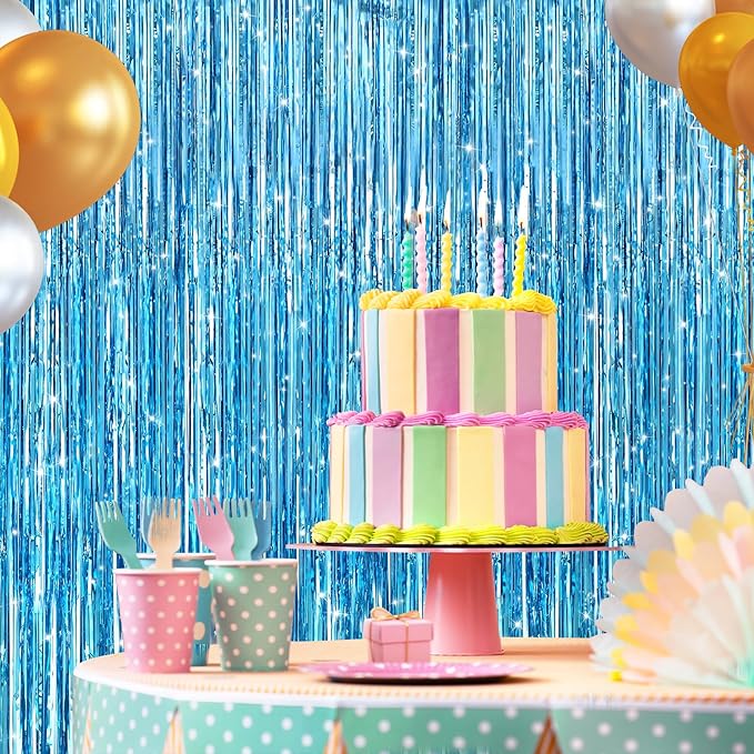 2 Pack Light Blue Metallic Tinsel Foil Fringe Curtains, Door Streamers Photo Booth Backdrop for Birthday Party, Tinsel Curtain Backdrop for Baby Shower Bachelorette Christmas Party Decorations