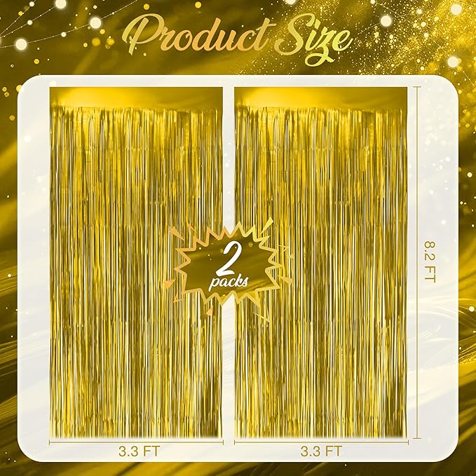 2 Pack Metallic Gold Fringe Backdrop, 3.2x8.2ft Shining Foil Tinsel Curtains, Birthday Party Decorations Door Streamers for Halloween, Christmas, Wedding, Graduation, Holiday, Theme Events