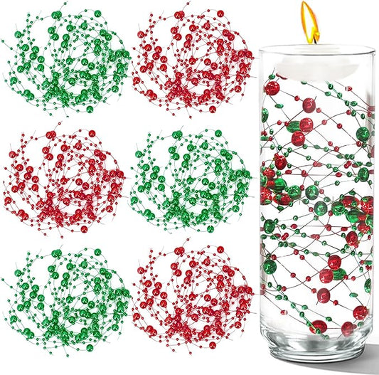 50 PCS Artificial Floating Beads for Centerpieces Vases, 8+3mm String Beads for Christmas Party Pearl String for Decoration, Red & Green String Pearls for Crafts Vase Fillers