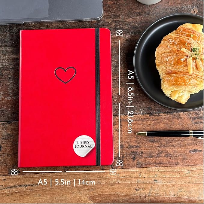 SETTINI Lined Journal, Ideal for Journaling - A5 Vegan Leather Notebook, 192 Archival-Quality Pages, QuillEase Bleed-Free Paper, Inner Pocket & Bookmark - Love Journal for Women, Red Heart