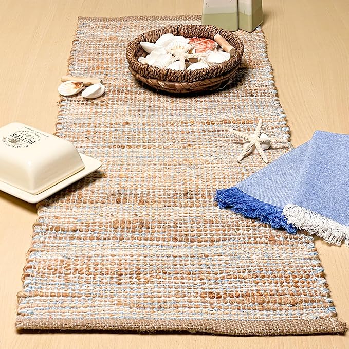 Chardin home Natural Jute Table Runner 13x48 Inch – Vintage Boho Rustic Table Decor – Handwoven Table Runner in Natural Jute and Sky Blue-White – Farmhouse Dining or Console Table Accent