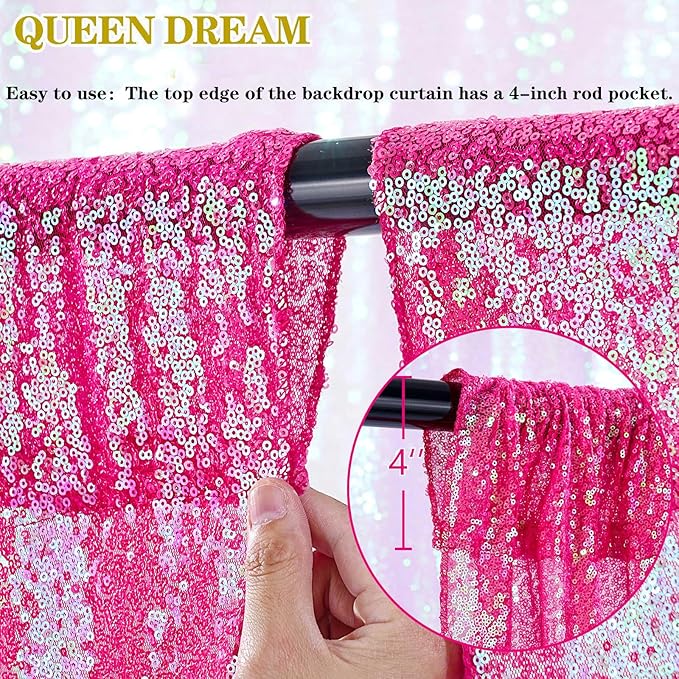 Iridescent Hot Pink Curtains Sequin Backdrop for Wedding Party - 2FT x 8FT Photo Background Backdrop Sparkly Baby Shower Decorations 4 Pcs