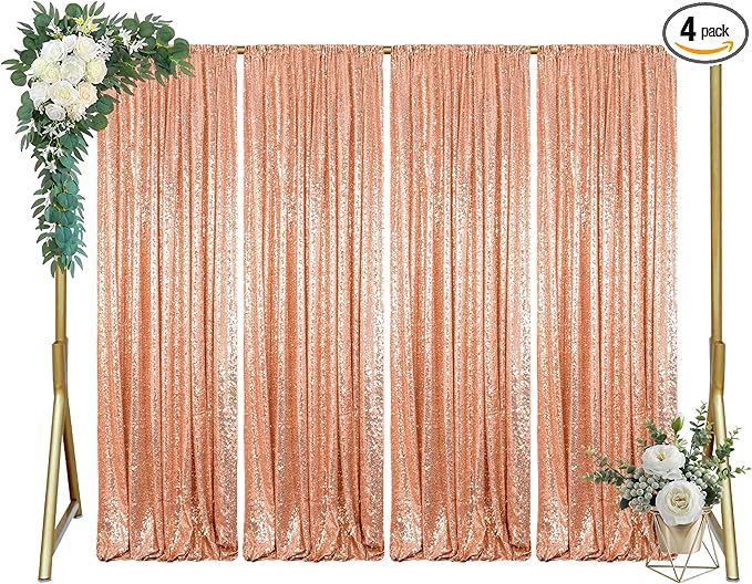 ShinyBeauty Rose Gold Backdrop Curtain 10ft Sequin Backdrop-Curtain 4 Panels Curtains Gold Photography Background for Christmas Halloween Xmas
