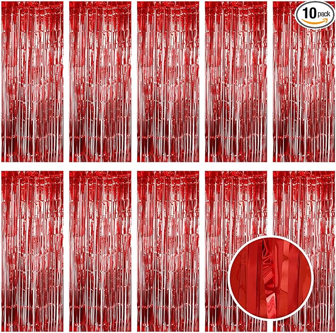 10 Pack Red Foil Curtain Backdrop 3.2ft x 9.8ft Metallic Tinsel Foil Fringe Curtains Streamer Photo Booth Backdrop for Birthday Party Engagement Bachelorette Party Decorations (Red)
