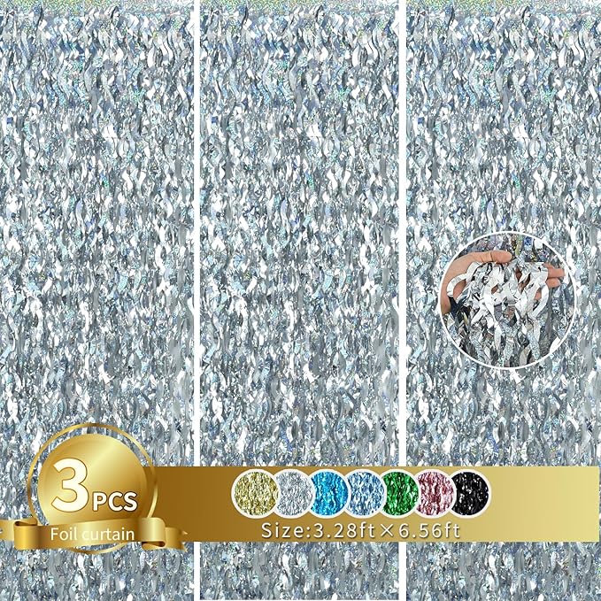 TONIFUL 3Pcs Wavy Metallic Tinsel Foil Fringe Curtains Silver Streamer Backdrop for Photo Booth Props,Party Door Wall Curtain,Bachelorette,Birthday,Anniversary,Bridal Shower Decor (9.9ft x 6.6ft)