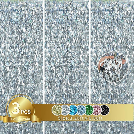 TONIFUL 3Pcs Wavy Metallic Tinsel Foil Fringe Curtains Silver Streamer Backdrop for Photo Booth Props,Party Door Wall Curtain,Bachelorette,Birthday,Anniversary,Bridal Shower Decor (9.9ft x 6.6ft)