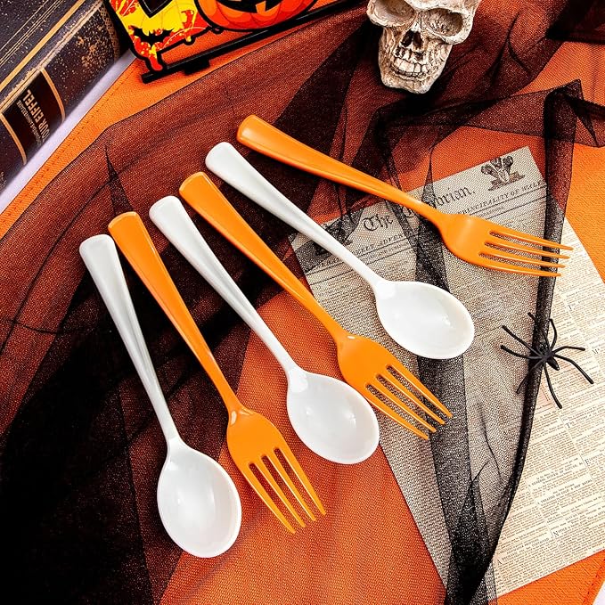 NOCCUR 180PCS Halloween Plastic Silverware Set - Tricolor Flatware Disposable Supplies Include 60 Black Knives, 60 Orange Forks, 60 White Spoons - Ideal for Halloween Party