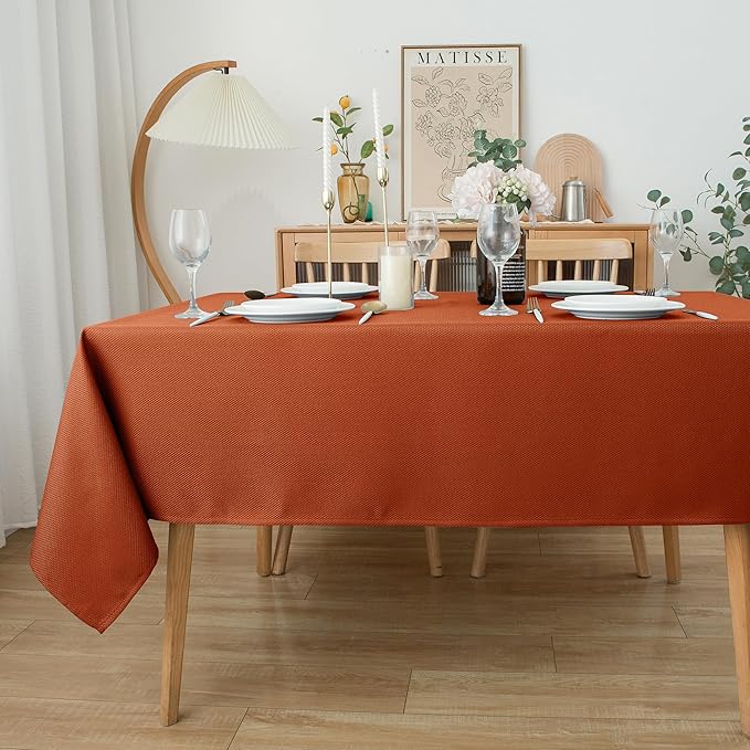 Biscaynebay Fall Tablecloth Textured Fabric 70x120 Inch Rectangular, Rust Thanksgiving Autumn Harvest Water Resistant Fabric Tablecloths for Kitchen, Dining, Wedding, Parties Machine Washable