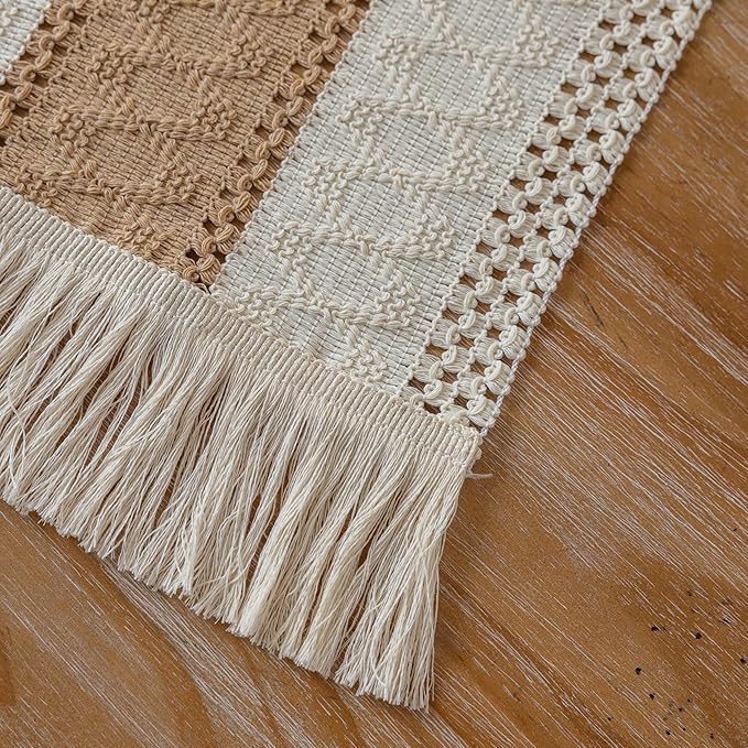 Boho Table Runner Cream Beige Brown for Home Decor 12x90 Inches Farmhouse Macrame Burlap Jute Rustic Dining Kitchen Centerpiece Bohemian Decor French Country Bridal Shower Decorations