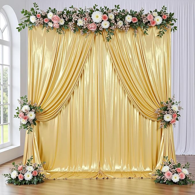 gogoparti 20x14FT Gold Sequin Backdrop Curtain - 4 Panels of 5x14FT Wrinkle-Free Reusable Glitter Drapes for Photography, Weddings, Birthdays & Parties