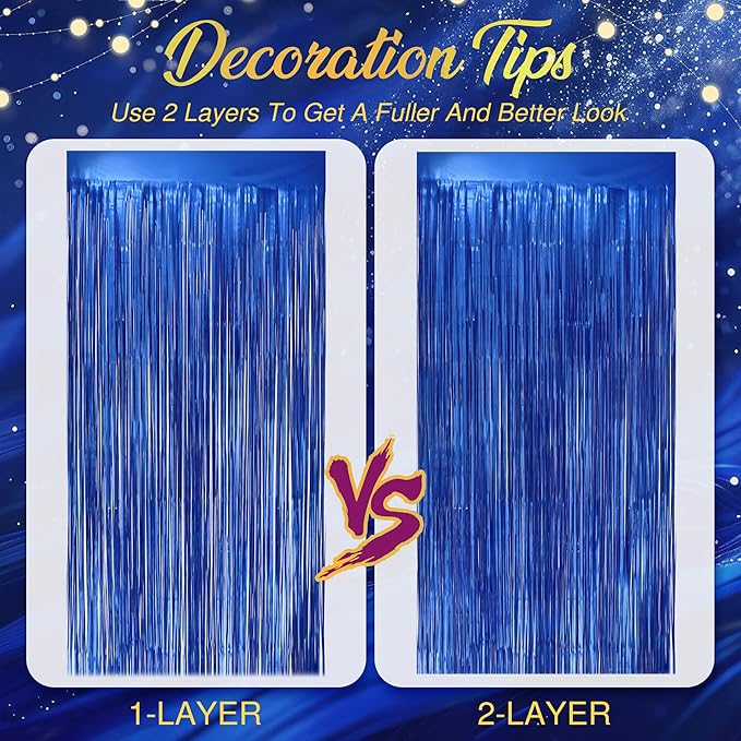 2 Pack Metallic Dark Blue Fringe Backdrop, 3.2x8.2ft Shining Foil Tinsel Curtains, Birthday Party Decorations Door Streamers for Halloween, Christmas, Wedding, Graduation, Holiday, Theme Events