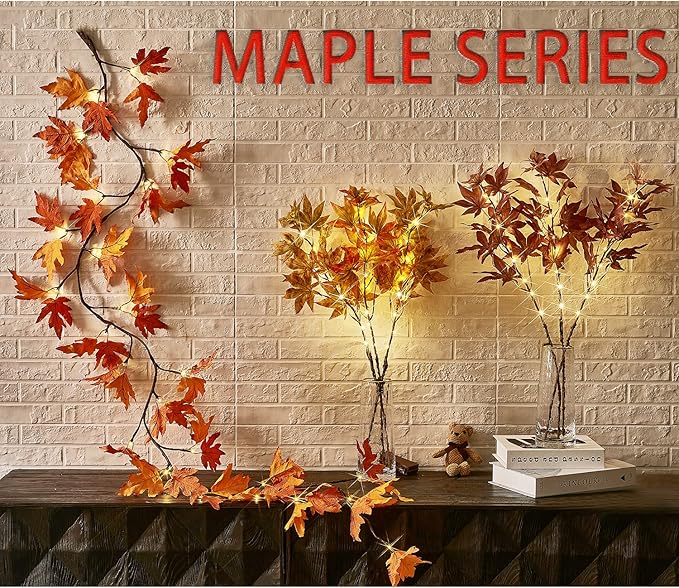 Fudios Lighted Maple Leaf Garland with Timer 24 Warm White LED 6FT for Fall Thanksgiving Decor, Artificial Garland with Lights Battery Operated Harvest Christmas Decoration Indoor Outdoor