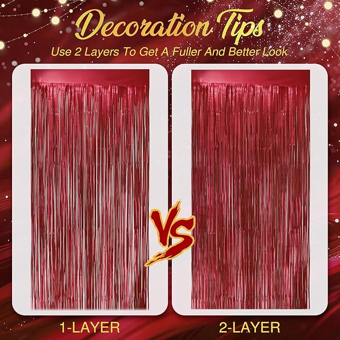 2 Pack Red Fringe Backdrop, 3.2x8.2ft Shining Foil Tinsel Curtains, Birthday Party Decorations Door Streamers for Halloween, Christmas, Wedding, Graduation, Holiday, Theme Events