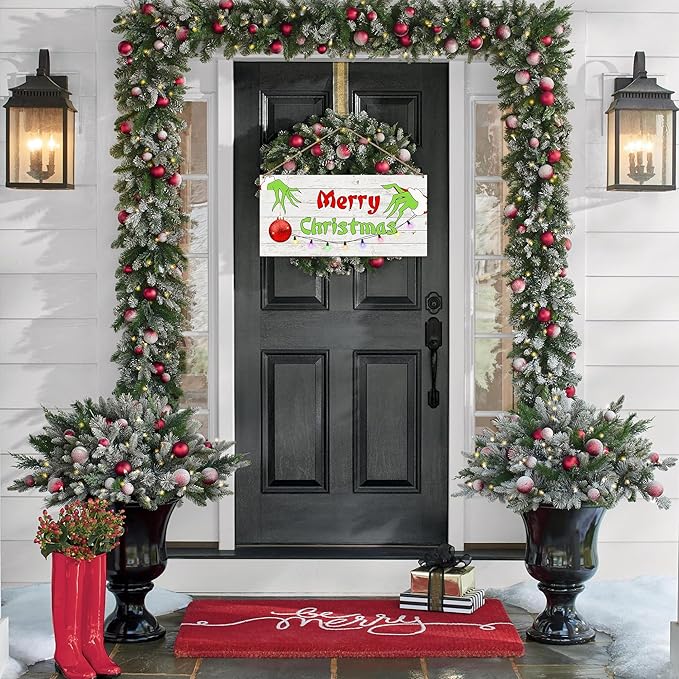 Merry Christmas Hanging Door Sign, Crazy Funny Green Festive Wooden Wall Welcome Decor Winter Farmhouse Style Outdoor Indoor Xmas Tree Ornaments for Home Office Holiday Party