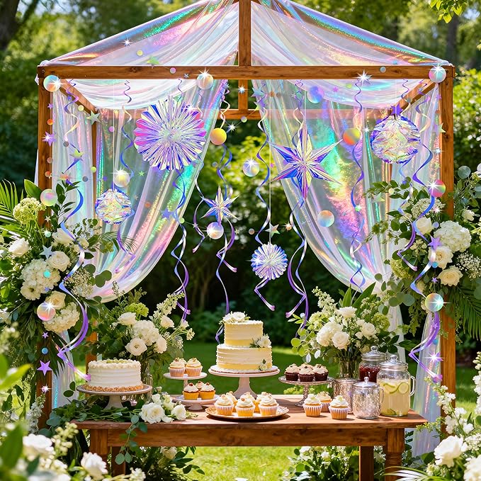 BTSD-home 29 Pcs Iridescent Party Decorations with Hanging Honeycomb Ball Decorative Paper Fan Snowflake Hexagonal Star Garlands Ribbons Birthday Wedding Graduation Bachelorette Disco Party Supplies