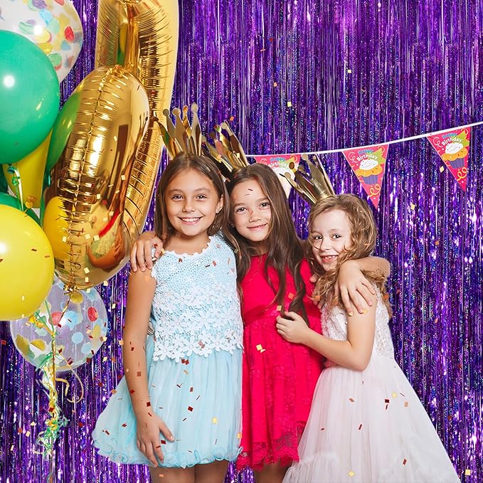 Purple Metallic Tinsel Foil Fringe Curtains, 4 Pack 3.3x8.3 Feet Party Streamer for Birthday Party Decorations, Halloween Decor, Foil Curtain for Bachelorette Party