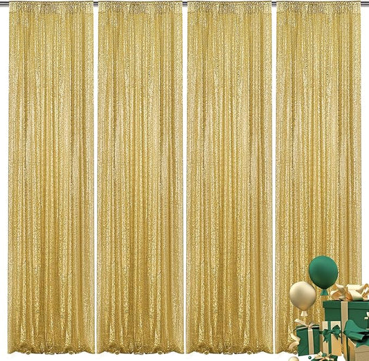 Gold Sequin Backdrop Curtain 4 Pieces 2FTx8FT Glitter Photography Backdrop for Party Wedding Birthday Christmas Decorations