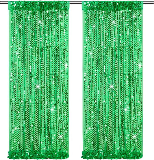 2 Packs 4x8FT Green Sequin Backdrop Curtains Glitter Background Graduation Backdrop Class of 2025 Wedding Party Birthday Decor