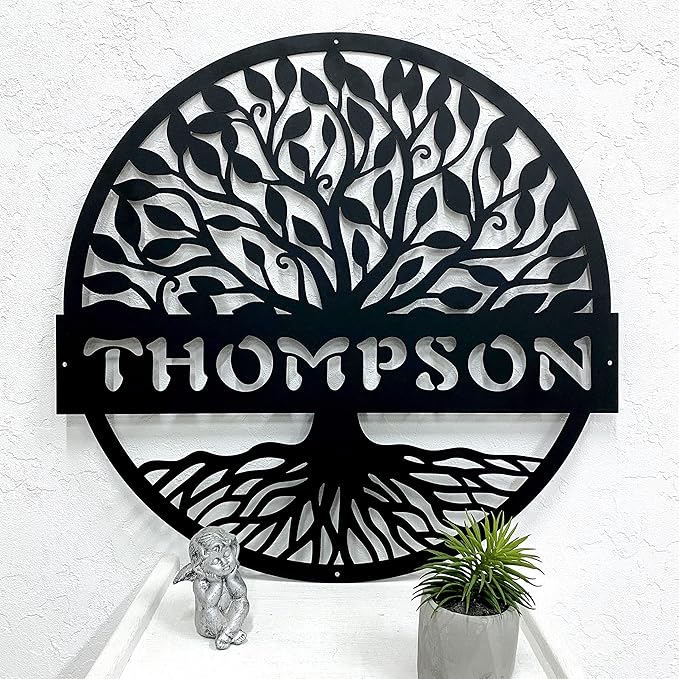 RealSteel Personalized Metal Wall Art - Custom Tree of Life Design with Family Name - Circular Metal Sign - Personalized Wedding, Anniversary, or Housewarming Gift - Black, 36"
