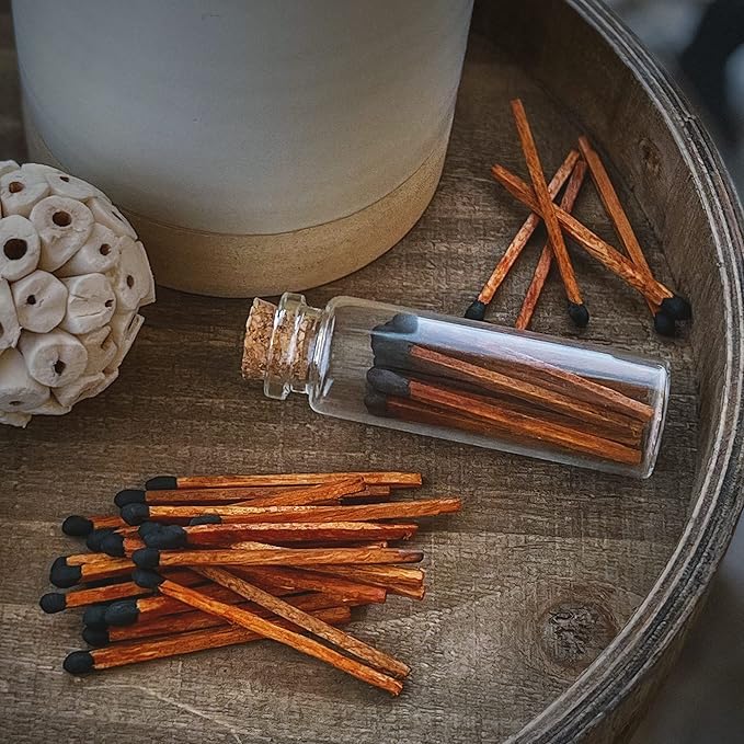 2" Classic White Tip Safety Matches | 6 Glass Bottles Each with Cork Top, Striker & 20 Matchsticks by Thankful Greetings (120+ Total) | Decorative Unique & Fun Artisan Set for Home, Gifts, & Events