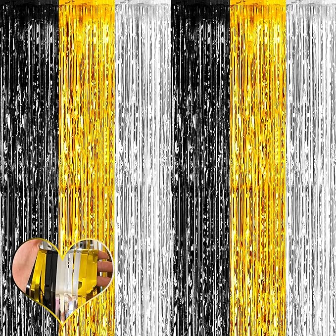 4 Pack 3.2Ft x 6.6Ft Black Gold Silver Fringe Curtain Backdrop, Metallic Tinsel Foil Fringe Streamers Curtains Background for Wedding Notorious One Birthday Roaring 20s Graduation Party Decoration