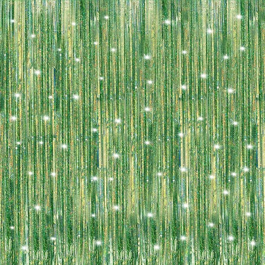 Crosize 2 Pack 3.3 x 9.9 ft Laser Green Foil Fringe Curtains Party Decorations, Laser Green Tinsel Curtain Backdrop for Parties, Door Streamers, Glitter Streamer Backdrop for Birthday Decoration