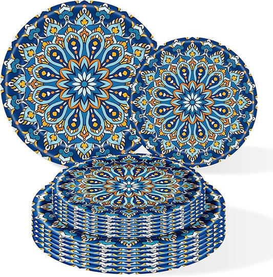 100 Count Boho Paper Plates (50×7"+ 50×9") – Disposable Plates for Party, Retro Bohemian Style Dessert Dinner Plate Set for Daily Use, Holiday, Wedding, Events