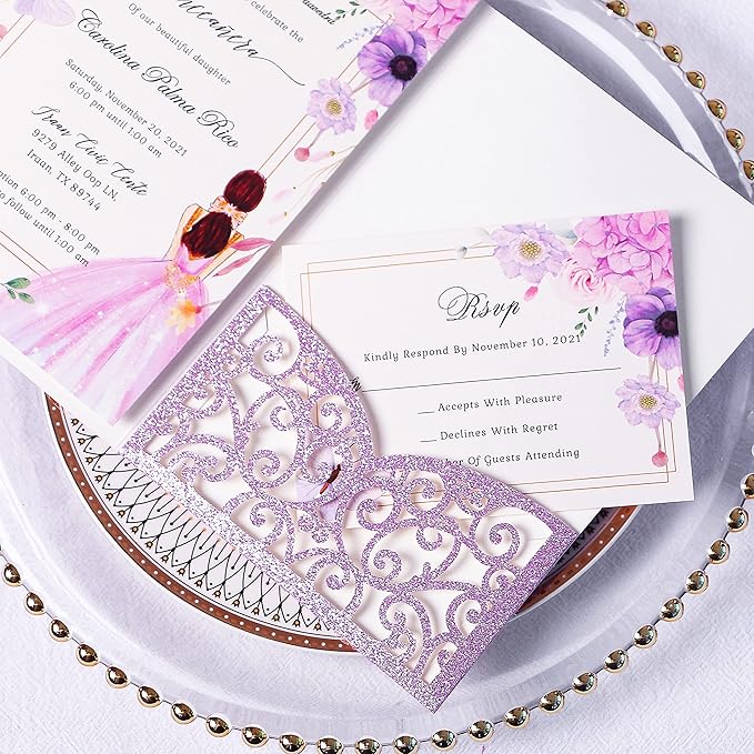 PONATIA 20 PCS Laser Cut Wedding Invitations Pockets with Envelopes for Wedding Party Bridal Shower Engagement Birthday Invite (Purple Glitter)