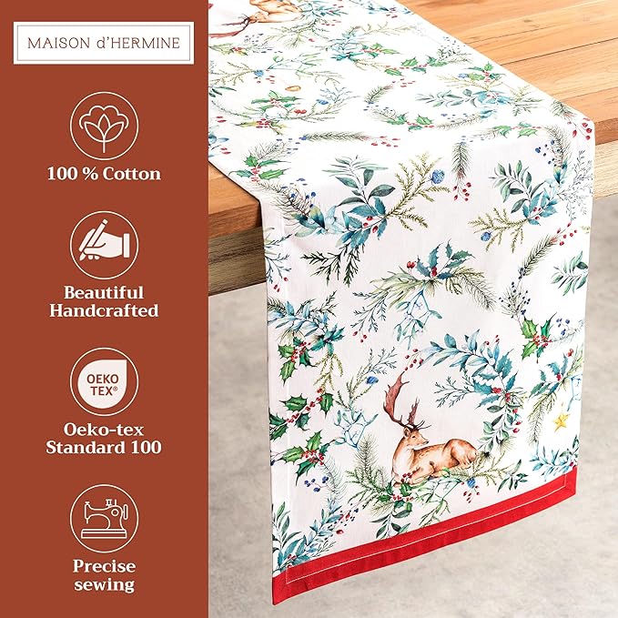 Maison d' Hermine Table Runner 100% Cotton Single Layer Table Runners 72 inches Long for Thanksgiving Christmas Decorations Home Kitchen Dining Party Wedding (Holly Time, 14.5" x 72")