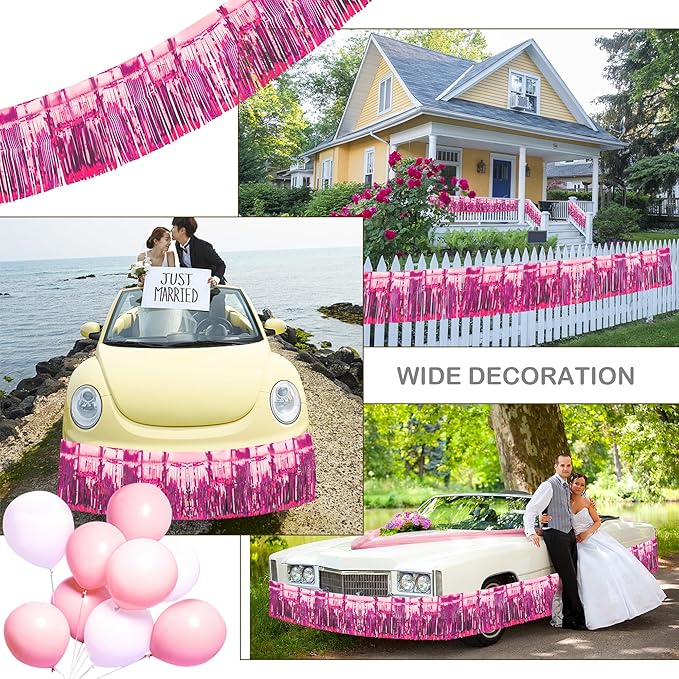 4 Pack Float Fringe Curtains, Metallic Foil Fringe Garland Shiny Tassel Foil Float Parade Float Decorations for Trailer Car Graduation Homecoming Valentine Outdoor Indoor Party (Pink)