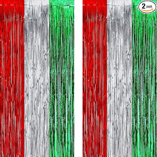Red Silver Green Party Streamers - GREATRIL Christmas Tinsel Backdrop for Xmas Winter Italian Elf Themed Parties Decorations - 2 Packs