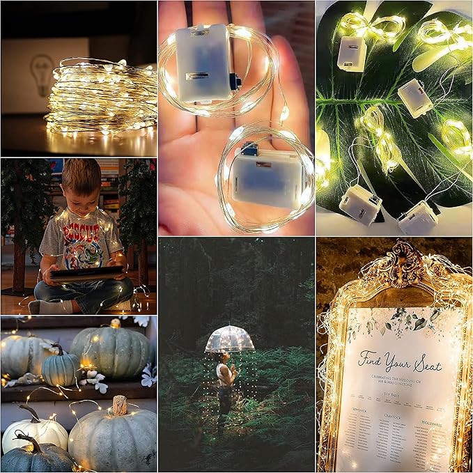 20 Pack Fairy Lights Battery Operated 60 Extra Batteries, 3 Modes 6.5ft 20 LED Mini String Lights, Waterproof Silver Wire Firefly Starry Lights for DIY Wedding Christmas Party, Warm White